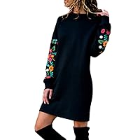 Floral Embroidery Sweatshirt Dress Women Casual Long Sleeve Knee Length Dress for Autumn Winter Tshirt Mini Dresses