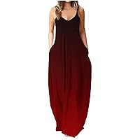 Fashion Gradient Casual Baggy Beach Sundress for Womens Summer V Neck Spaghetti Strap Cami Maxi Dresses with Pockets