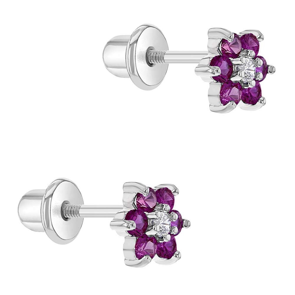 Rhodium Plated Small Crystal Flower Cubic Zirconia Safety Screw Back Earrings for Toddlers and Young Girls 5mm - Delicate and Shiny Floral Stud Earrings for Kids