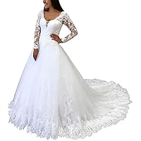 Illusion V-Neck Bridal Ball Gowns Train Lace up Corset A-line Wedding Dresses for Bride Plus Size