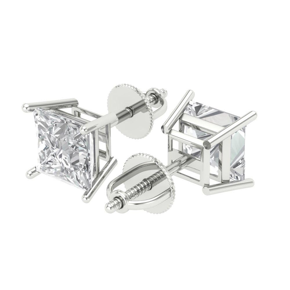 4 ct Brilliant Princess Cut Solitaire Studs Clear Simulated Diamond 14k White Solid Gold Earrings Screw back