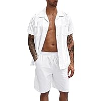 Men's 2 Pieces Hawaiian Cotton Linen Sets Casual Short Sleeve Button Down Shirts Yoga Pants Vacation Beach Outfits