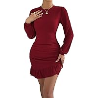Women's Dress Dresses for Women Solid Ruched Ruffle Hem Dress (Color : Red, Size : Medium)