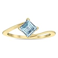 Women's Solitaire Square Shaped Aquamarine Wave Ring in 10K Yellow Gold