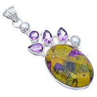 Natural Yellow Jasper Amethyst And River PearlHandmade 925 Sterling Silver Pendant 2.25