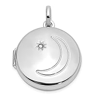 925 Sterling Silver Rhodium Plated 20mm Diamond Celestial Moon and Star Round Photo Locket Pendant Necklace Jewelry for Women