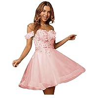 Sparkly Tulle Homecoming Dresses Off Shoulder 3D Flowers Short Lace Prom Party Gowns for Teens
