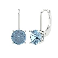 4.0 ct Round Cut Solitaire Aquamarine Blue Simulated Diamond Designer Lever back Drop Dangle Earrings Solid 14k White Gold