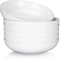 Large Pasta Bowls Set of 6, White Pasta Plates, Shallow Wide Dinner Bowls, Serving Bowl Set, Premium Porcelain Pasta salad Bowls, Ceramic Plate Bowls for Kitchen, Microwave Dishwasher Safe, 8 inch