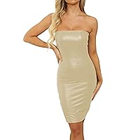 Women Faux Pu Leather Bodycon Cocktail Long Dress Off Shoulder Sheath Wrap Sexy Tube Backless Party Date Night Club Dresses