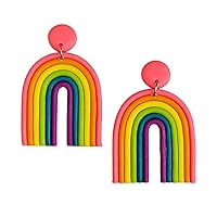 Lightweight Spring Neon Rainbow Arch Polymer Clay Dangle Drop Earrings – Hypoallergenic Stainless Steel Posts (Neon Pink, Orange, Yellow, Green, Blue, Purple)