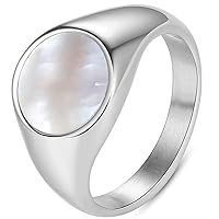 Stainless Steel Round Signet Style White Shell Face Wedding Engagement Statement Pinky Ring
