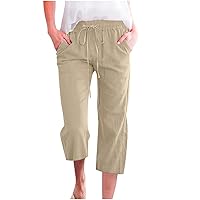 Plus Size Womens Cargo Pants Cotton Linen Cropped Trousers Casual Elastic Waist Drawstring Pants Straight Barrel Pants