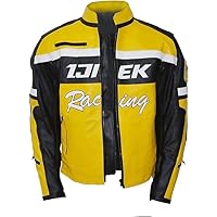 Mens Chuck Greene Costume Motorcycle Biker Racer Armored Black & Yellow Cowhide Leather Jacket