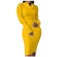 Women's Sexy Fall Winter Casual Basic Long Sleeve Turtleneck Bodycon Club Midi Dress Stand Neck Ruched Club Party Slim Fit Solid Color Short Bodycon Elegant Sheath Dress(Yellow XXL)
