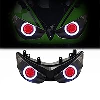 KT LED Angel Eyes Headlight Assembly for Kawasaki Ninja ZX-6R ZX6R 2005-2006 Red Demon Eyes Custom Modified Motorcycle Sportbike Front Head Lamp High/Low Beam DRL (Red)