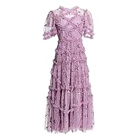 Womens Dresses Women O-Neck Collar Embroidery Ruffles Party Dress Female Robe