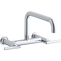KOHLER 7549-4-CP Purist Two-Hole Wall-Mount Bridge Faucet, Bridge Kitchen Sink Faucet, Two Lever Handle Kitchen Faucet, Polished Chrome