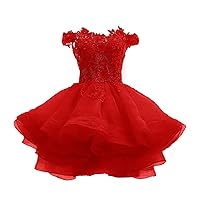 Tsbridal Women's Off The Shoulder Organza Short Homecoming Dress Lace Applique Junior Formal Cocktail Party Gown