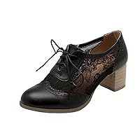 Womens Brogue Oxford Block Heel Lace Up Pumps Wingtip Dress Shoes(Black,US Size 8.5)