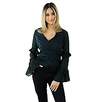 Wholesale Womens Polyester Dark Green Blouse with Layered Ruffle Long Sleeve, 6 Pieces (2S, 2M, 2L) Pack of 1