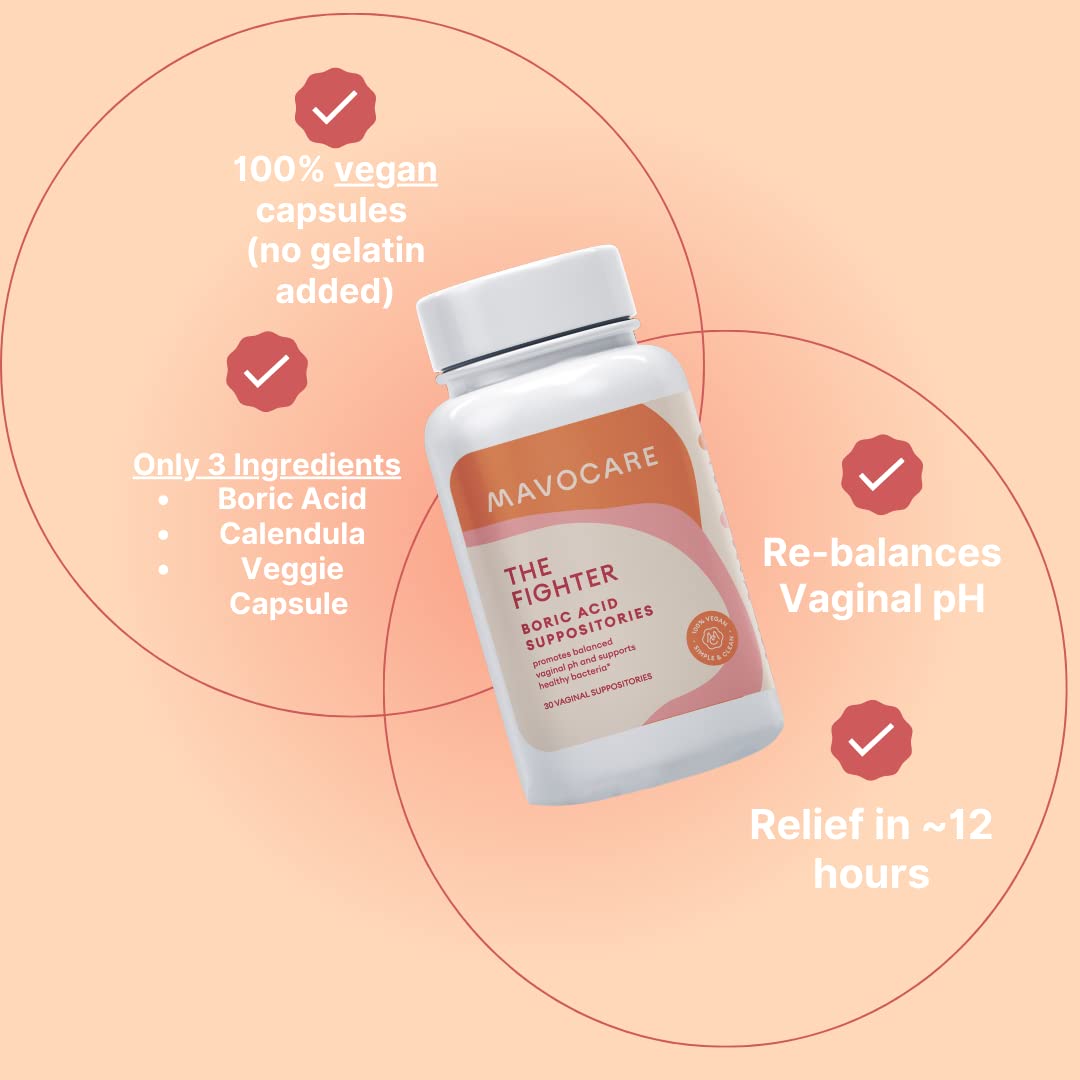 MavoCare, Inc. Boric Acid 600mg The Fighter with Added Calendula Vegan Capsule- Fights BV and Irritation- Gentle, Effective, Herb-Based pH Balancing Suppository