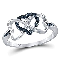 Sterling Silver Womens Round Color Enhanced Blue Diamond Triple Heart Infinity Ring 1/10 Cttw
