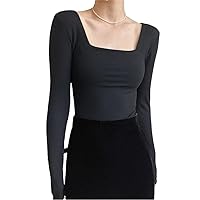 Women's Tops Long-Sleeved Square-Neck T-Shirt Slim-Fit Exposed Collarbone Low-Neck Short Bottoming Shirt