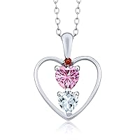 Gem Stone King 925 Sterling Silver Pink Moissanite Sky Blue Aquamarine and Red Garnet Pendant Necklace For Women (0.76 Cttw, Gemstone Birthstone, Heart 5MM and 4MM, with 18 Inch Silver Chain)