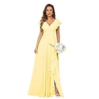 Chiffon Women's Bridesmaid Dress with Side Slit V-Neck Pleats Ruffle Lace Up Formal Party Dress with Pocket 2024 HO018
