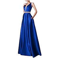 Women's V-Neck Satin Long Prom Dresses Beaded Evening Formal Gowns with Pockets Slim A-line