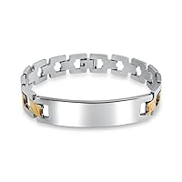 Bling Jewelry Personalized Engrave Name Bar Identification ID Bracelet Cross X Link Band For Men Two Tone Matte Gold Plated Stainless Steel 8, 8.5 Inch