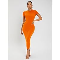 Dresses for Women - Solid Round Neck Bodycon Dress (Color : Orange, Size : X-Small)