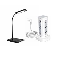 TROND Power Strip Tower, Surge Protector with 12 Widely Outlets 4 USB Ports Desk Lamp, Dimmable Eye-Caring, 3 Color Modes 7 Brightness Levels, Flexible Gooseneck, Desk Light for Home Office