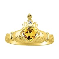 14K Yellow Gold Claddagh Love, Loyalty & Friendship Ring with Heart 6MM Gemstone & Diamond Accent - Exquisite Claddagh Rings Birthstone Jewelry for Women - Available in Sizes 5-13