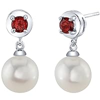 Peora 8mm Freshwater Cultured White Pearl and Garnet Dangle Drop Earrings 925 Sterling Silver, January Birthstone
