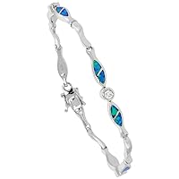 Sterling Silver Synthetic Opal Christian Fish Bracelet Women with inlay & CZ stone 7 1/4 inch long