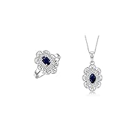 Rylos Matching Set 14K White Gold Floral Pattern Halo Pendant Necklace & Ring. Gemstone & Diamonds, 18