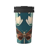 Dragonfly And Lotus Print Reusable Coffee Cup - Vacuum Insulated Coffee Travel Mug For Hot & Cold Drinks