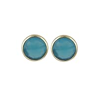 Gemstone Brass Stud Blue Chalcedony. Handmade Gold Plated Design Earrings Jewelry