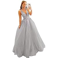 Sexy Prom Dress Deep V-Neck Tulle Ball Gown Spaghetti Straps Open Back Sleeveless Party Evening Dress