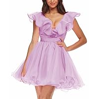 Organza Short Homecoming Dresses Ruffle V-Neck Ball Gowns Party Dress with Puffy Sleeves Beauty Pageant Dress