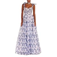Womens Cami Vintage Sleeveless Spaghetti Strap Floral Print Lace Up Maxi Tie Bow Evening Gown Dress