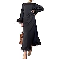 Women's Satin Feather Maxi Dress, Loose, Long Sleeve, Solid Color, Feathered Cocktail Dress(S/L/XXL)