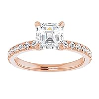 10K Solid Rose Gold Handmade Engagement Ring, 1 CT Asscher Cut Moissanite Diamond Solitaire Wedding/Bridal Rings for Women/Her, Half-Eternity Anniversary Ring