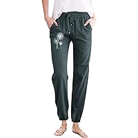 Womens Tapered Pants Cotton Linen Drawstring Back Elastic Waist Pants Casual Trousers with Pockets Oversized