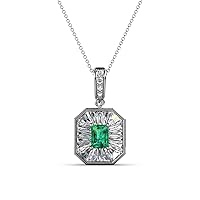 Emerald Cut Emerald Baguette & Natural Diamond 3/4 ctw Women Milgrain Halo Pendant Necklace. Included 16 Inches Chain 14K Gold