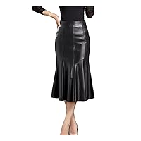 Women Elegant Fishtail Skirt Winter Female Genuine Leather All-Match Brown Wrap Dress 70 Cm Long Pleated Skirt