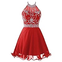 VeraQueen Women's Short Beaded Prom Dresses Round Neck Backless Homecoming Dress Red