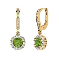 3.55 ct Round Cut Halo Solitaire Fine Natural Green Peridot Pair of Lever back Drop Dangle Everyday Earrings 18K yellow Gold